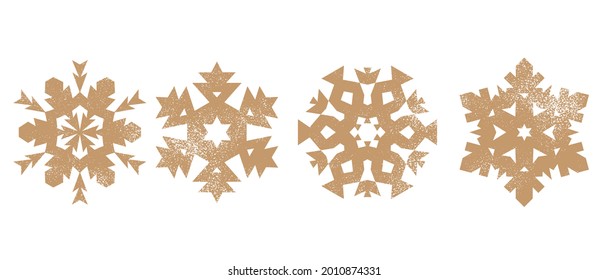 Snowflake Collection. Snow Symbol. Merry Christmas. December Holiday.  Winter Pattern. Happy New Year. Set of Golden Snowflakes. Gold Frozen Snow on White. Vector Rough flakes. Grunge Snow Crystal.
