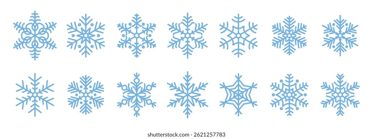 Colección del copo de nieve. Conjunto de iconos de copos de nieve. Nieve, Navidades, Escarcha, Año Nuevo, Signo de invierno. Ilustración de línea de Vector aislada