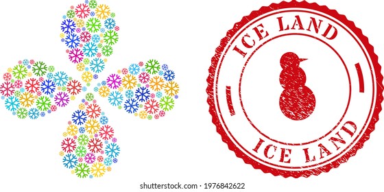 Snowflake colorful curl abstract flower, and red round ICE LAND grunge seal. Snowflake symbol inside round seal. Element cyclone composed from random snowflake items.