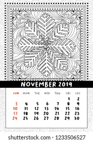 Snowflake coloring book page, calendar November 2019. Handdraw doodle illustration in square frame. Black and white line art poster. Vector, pattern