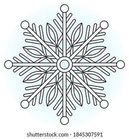 Snowflake coloring book page. Merry christmas and happy new year coloring book page. Сhildren and adults coloring with snowflake. White background, black outline. Vector stock illustration