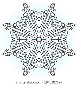 Snowflake coloring book page. Merry christmas and happy new year coloring book page. Сhildren and adults coloring with snowflake. White background, black outline. Vector stock illustration