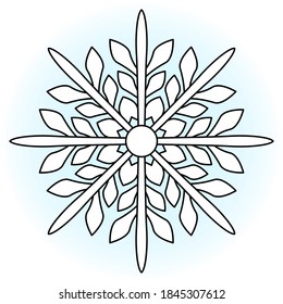 Snowflake coloring book page. Merry christmas and happy new year coloring book page. Сhildren and adults coloring with snowflake. White background, black outline. Vector stock illustration