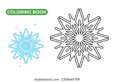 Snowflake coloring book. Vector illustration of snow. Drawing of blue shimmering ice crystal. Winter coloring page for kids. Contour sketch style.