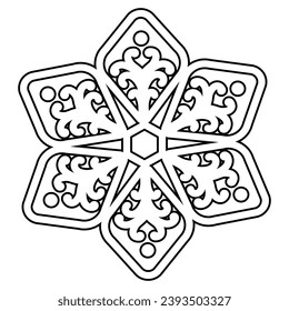 Snowflake coloring page. Snow flake stencil blueprint. Snowflake silhouette icon. Color me. Vector winter symbol. Christmas and New Year design element. Ornamental element. Snow logo. Coloring book.