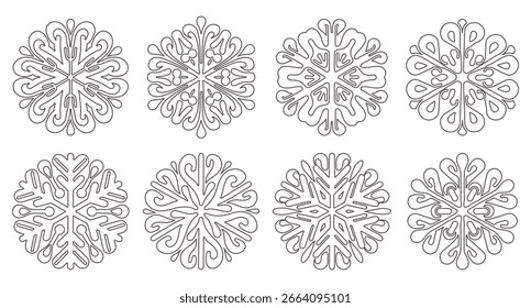 Conjunto de colorear copo de nieve. Colección de copos de nieve con intrincados contornos decorativos. Ilustración.