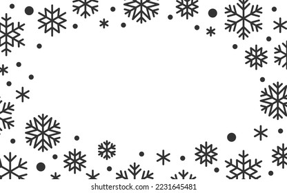 Snowflake confetti border for Xmas card banner flyer, party event invitation, gift certificate coupon voucher. Winter black and white ornate frame with copy space, frosty snow flakes white background