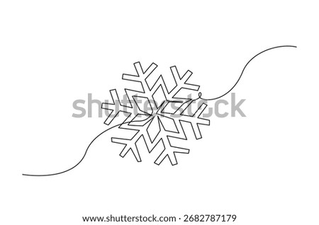 Snowflake in continuous one line drawing. Single line art illustration of snowflake element. Editable vector.