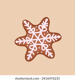 snowflake cookie, gingerbread. Vector Illustration for printing, backgrounds, covers and packaging. Image can be used for greeting cards, posters, stickers and textile. Isolated on white background.