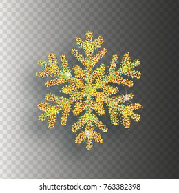 Snowflake covered bright multicolored glitter on transparent background. Christmas decoration.