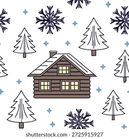 Snowflake and cozy cabin seamless tile pattern with warm winter elements and frosty details concept as Cozy cabins paired with snowflakes create a seamless tile pattern with warm winter elements and frosty details perfect for winter decor in Photo Stock Concept and empty space on the left side,no text --ar 7:2 --tile