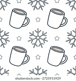 Snowflake and cozy mug seamless tile pattern with warm winter beverages and frosty details concept as Cozy mugs filled with warm beverages paired with snowflakes create a seamless tile pattern with frosty details in Photo Stock Concept and empty space on the left side,no text --ar 7:2 --tile