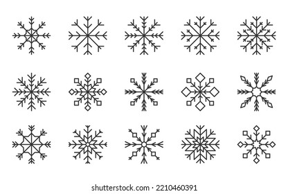Juego de negro de línea modificable hexágono de cristal de copo de nieve. Silueta helada de invierno copos de nieve forma de hielo año nuevo símbolo de patrón geométrico postal tarjeta de navidad banner tradicional elemento congelador aislado
