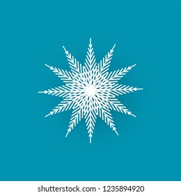 Snowflake cut out icon isolated on blue. Winter symbol, xmas flake New Year and Christmas sign, frozen crystal frozen element, vector paper object
