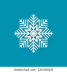 Snowflake cut out icon isolated on blue. Winter symbol, xmas flake New Year and Christmas sign, frozen crystal frozen element, vector paper object