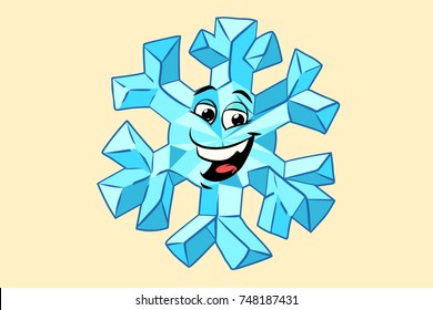 snowflake cute smiley face character. Comic book cartoon pop art illustration retro vector
