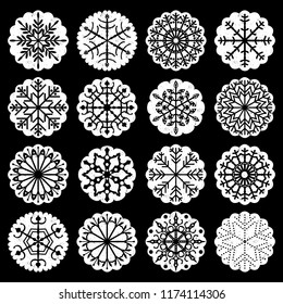 Snowflake decoartive elements with scalloped edges in black and white colors for winter holiday designs.