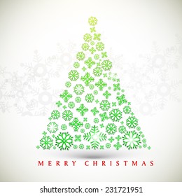 Snowflake decorated green Xmas tree design for Merry Christmas celebrations. 