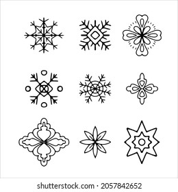 Decoración de copos de nieve en estilo doodle. Decoración sencilla para una Navidad festiva y Año Nuevo. Ilustración vectorial aislada en fondo blanco.