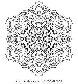Snowflake decorative big mandala with simple patterns on white isolated background. For coloring book pages.