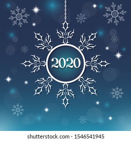 Snowflake decorative element. Abstract blue background with bright stars sparkle. New Year 2020. It is used as a greeting card in the winter celebration, poster, postcard. Vector illustration.