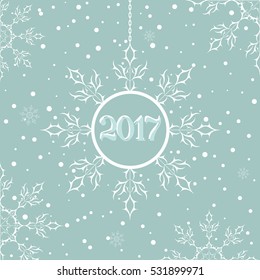Snowflake decorative element. Abstract blue background with snowy. New Year 2017. It is used as a greeting card in the winter celebration, poster, postcard. Vector illustration.