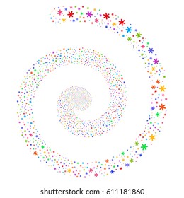 Snowflake decorative whirlpool spiral. Vector bright multicolored scattered pictographs.