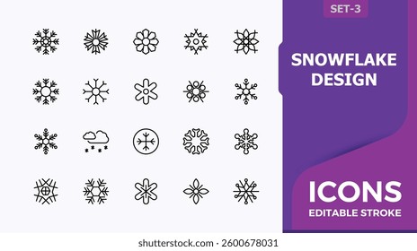 Snowflake Design icon collection. Pack of season, ice, cold, flake, snowfall, snow and more. Snow Flake icon. Thin web icons. Editable stroke. Minimalist icons pack.