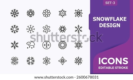 Snowflake Design icon collection. Pack of season, ice, cold, flake, snowfall, snow and more. Snow Flake icon. Thin web icons. Editable stroke. Minimalist icons pack.