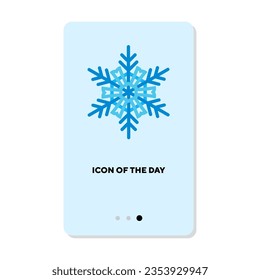 Snowflake design on blue background flat icon. Vertical sign or vector illustration of symbol of winter season or holidays element. Winter, decoration, magic for web design and apps