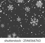 Snowflake design. Winter. Snowfall. White and blue. Scattered snowflakes. December theme. Snowy landscape. Hurricane. Christmas cards, Winter snowfall effect of falling white snowflakes.