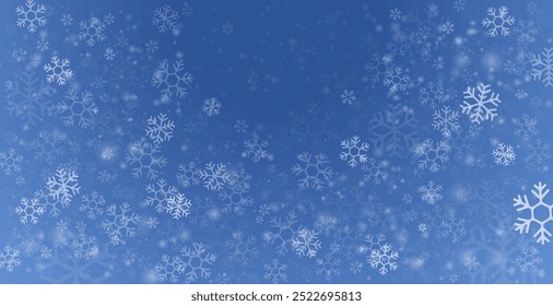 Snowflake design. Winter. Snowfall. White and blue. Scattered snowflakes. December theme. Snowy landscape. Hurricane. Christmas cards