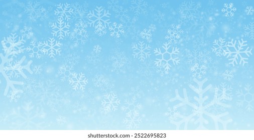 Snowflake design. Winter. Snowfall. White and blue. Scattered snowflakes. December theme. Snowy landscape. Hurricane. Christmas cards