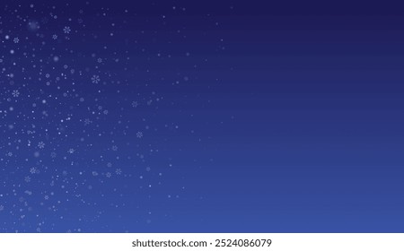 Diseño de copo de nieve. Invierno. Nevada. Blanco y azul. Copos de nieve dispersos. Tema de diciembre. Paisaje nevado. Huracán. Tarjetas de Navidad