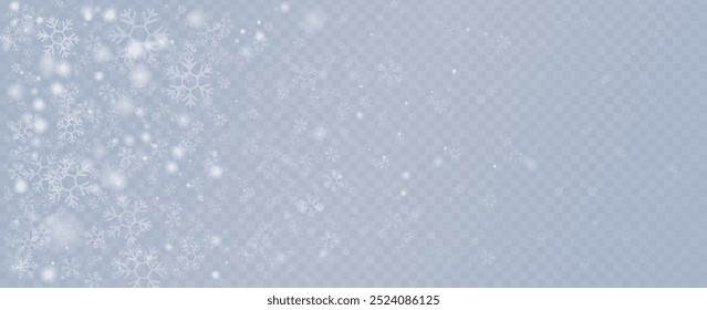 Diseño de copo de nieve. Invierno. Nevada. Blanco y azul. Copos de nieve dispersos. Tema de diciembre. Paisaje nevado. Huracán. Tarjetas de Navidad