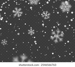 Snowflake design. Winter. Snowfall. White and blue. Scattered snowflakes. December theme. Snowy landscape. Hurricane. Christmas cards, Winter snowfall effect of falling white snowflakes.