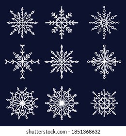 Snowflake design for the winter. White snowflakes of all shapes and forms. Winter elements Christmas cold flakes crystal. Vector illustration