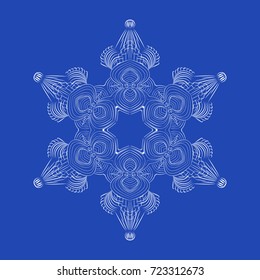 Snowflake detailed christmas vector illustration. White snow on blue background isolated. Decoration of New Year card gift. Elegant floral lines for any web design or print.