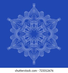 Snowflake detailed christmas vector illustration. White snow on blue background isolated. Decoration of New Year card gift. Elegant floral lines for any web design or print.