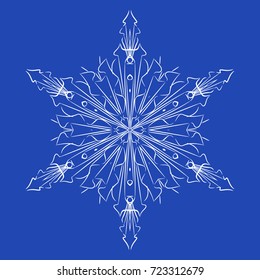Snowflake detailed christmas vector illustration. White snow on blue background isolated. Decoration of New Year card gift. Elegant floral lines for any web design or print.