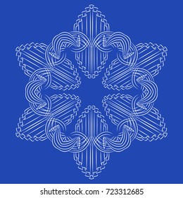 Snowflake detailed christmas vector illustration. White snow on blue background isolated. Decoration of New Year card gift. Elegant floral lines for any web design or print.