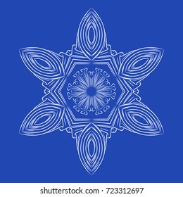 Snowflake detailed christmas vector illustration. White snow on blue background isolated. Decoration of New Year card gift. Elegant floral lines for any web design or print.