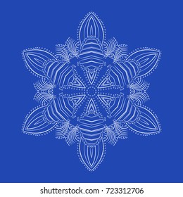 Snowflake detailed christmas vector illustration. White snow on blue background isolated. Decoration of New Year card gift. Elegant floral lines for any web design or print.