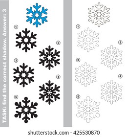 The snowflake with different shadows to find the correct one. Compare and connect object with it true shadow. Visual game for children.