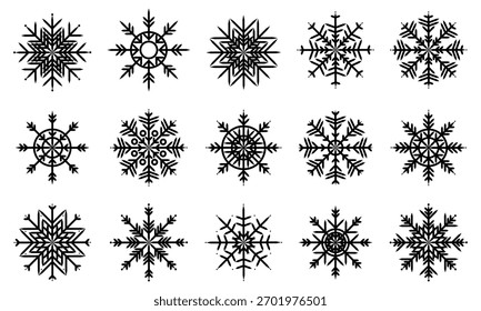 Snowflake different shapes set. Detailed black flat line icon, element set, snow vector illustration