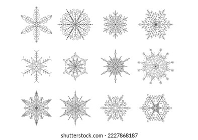 Snowflake doodle. Beautiful set white snowflakes for winter design. Collection of Christmas New Year elements. Frozen silhouettes of crystal snowflakes. Modern design hand drawn. Holiday wallpapers.