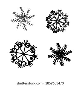 Dibujo a mano de garrafa de garrapatas de nieve. Negro sobre blanco. Colección de copos de nieve para el diseño navideño de invierno.
