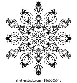 Dibujo a mano de garrafa de garrapatas de nieve. Negro sobre blanco. Colección de copos de nieve para el diseño navideño de invierno. Iconos de copos de nieve. Icono vector copo de nieve. Diseño navideño. Ilustración vectorial.