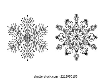 Dibujo a mano de garrafa de garrapatas de nieve. Negro sobre blanco. Colección de copos de nieve para el diseño navideño de invierno. Iconos de copos de nieve. Icono vector copo de nieve. Diseño navideño. Ilustración del vector