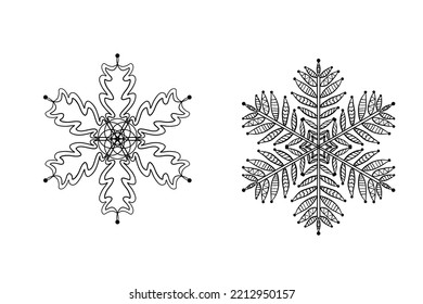 Dibujo a mano de garrafa de garrapatas de nieve. Negro sobre blanco. Colección de copos de nieve para el diseño navideño de invierno. Iconos de copos de nieve. Icono vector copo de nieve. Diseño navideño. Ilustración del vector